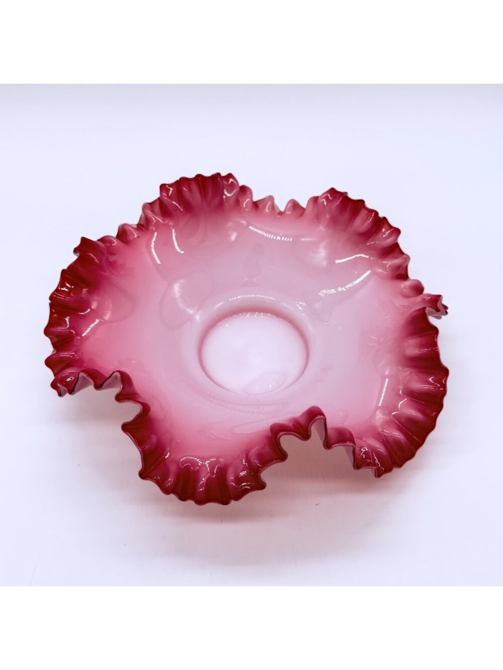 Vtg Art Glass White Cased Cranberry Ombre Clear Crest Ruffled 10" Bride Bowl